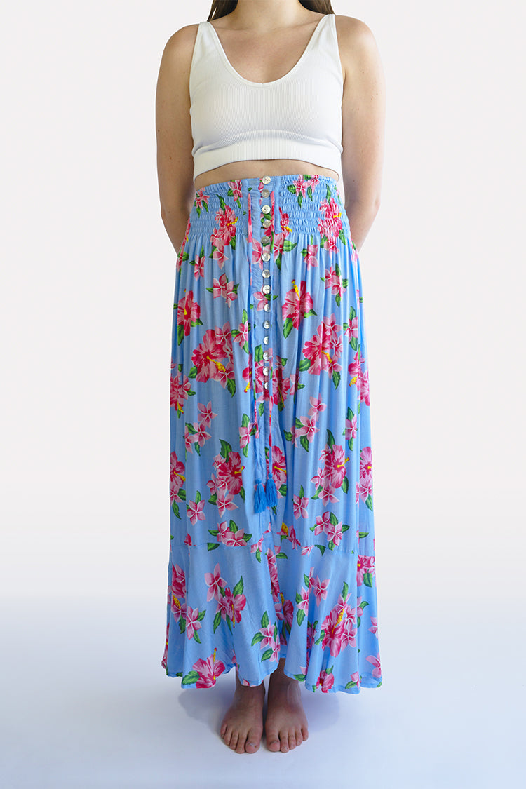 Aloha Hibiscus Blue Shelly Boho Skirt